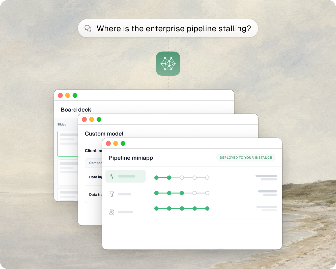 Finished analyst work — board decks, custom models, and miniapps — delivered into your Upside instance.