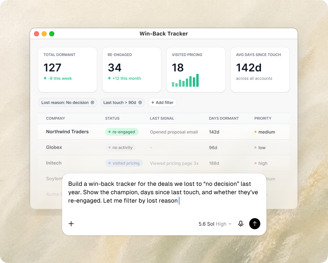 A Win-Back Tracker miniapp running live inside the Upside dashboard on healed GTM data.